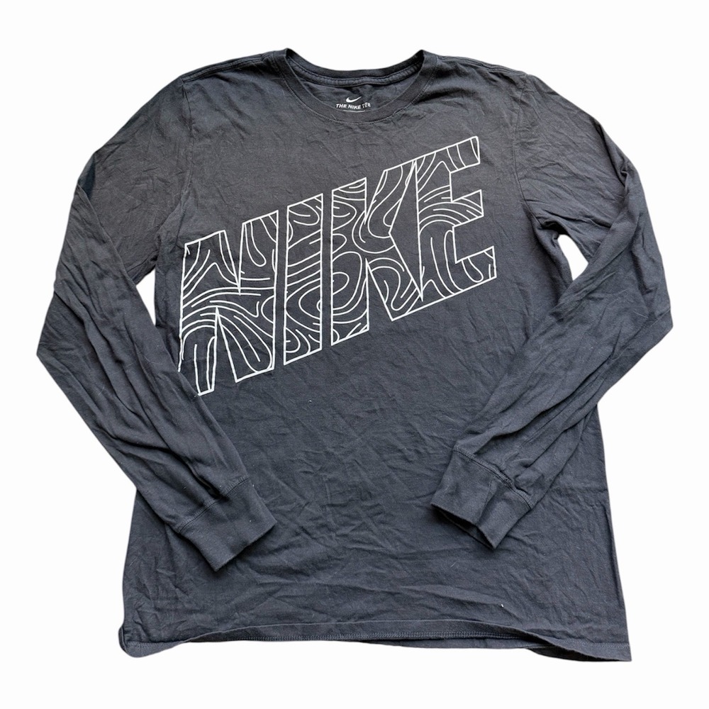 Black Nike Long Sleeve Spellout Tee, Printed Men's Medium Black And White